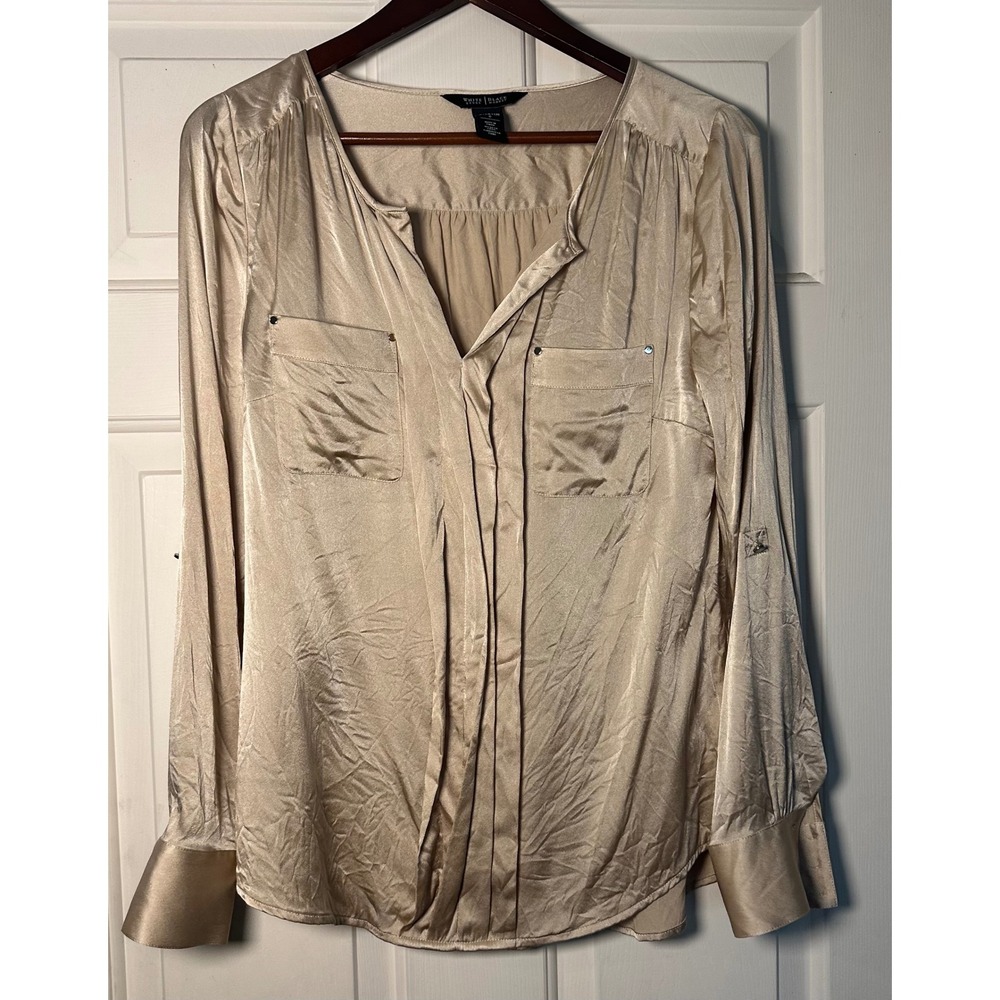 White House Black Market Silk Stretch‎ Blouse Shirt Top Champagne Gold Size 6